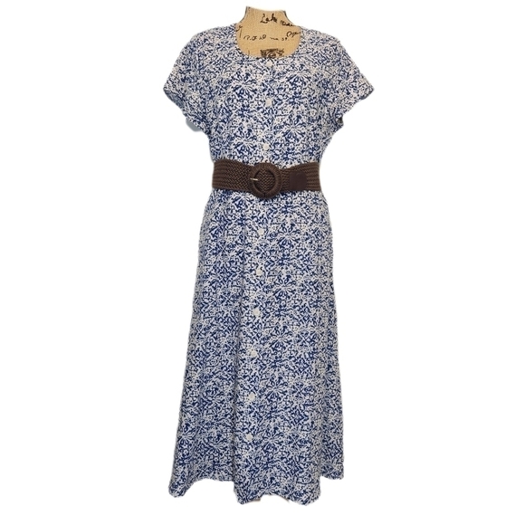 Vintage Norm Thompson Linen A line dress, blue/cream, women's medium NWOT - Picture 2 of 8